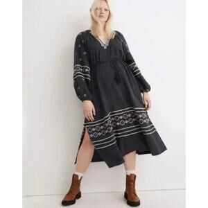 Madewell Embroidered Neck-Tie Midi Dress in DARK BALTIC (XL)